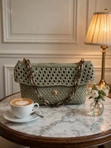 Bolsa baguete de crochê em fio de poliéster fendi com saia, feita à mão pela By Esme Art