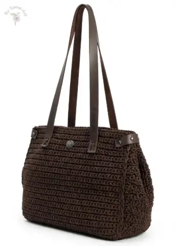 Bolsa tote de crochê marrom com alça de couro exclusiva, feita à mão pela By Esme Art