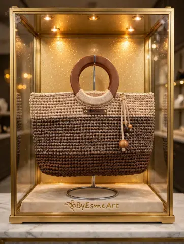 Bolsa tote de crochê em degradê marrom com alça de madeira, feita à mão pela By Esme Art